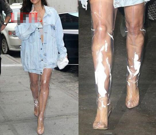 

2017 Clear PVC Transparent Pointed Toe Women Boots Perspex High Heels Thigh High Boots Celebrity Shoes, Multi
