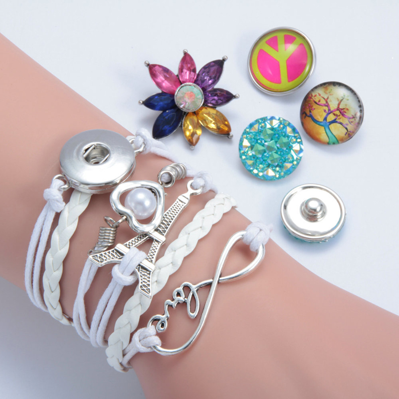 NOOSA Ginger snap Button bracelets women's infinity owl LOVE wing crown Charm leather wrap bracelet For men s Fashion Jewelry Hot sale