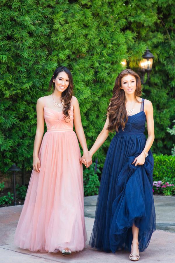 

Eye Catching Blush,Navy Bridesmaid Dresses Pleats Tulle Stunning Long Wedding Party Dresses Formal Gowns Prom Dresses