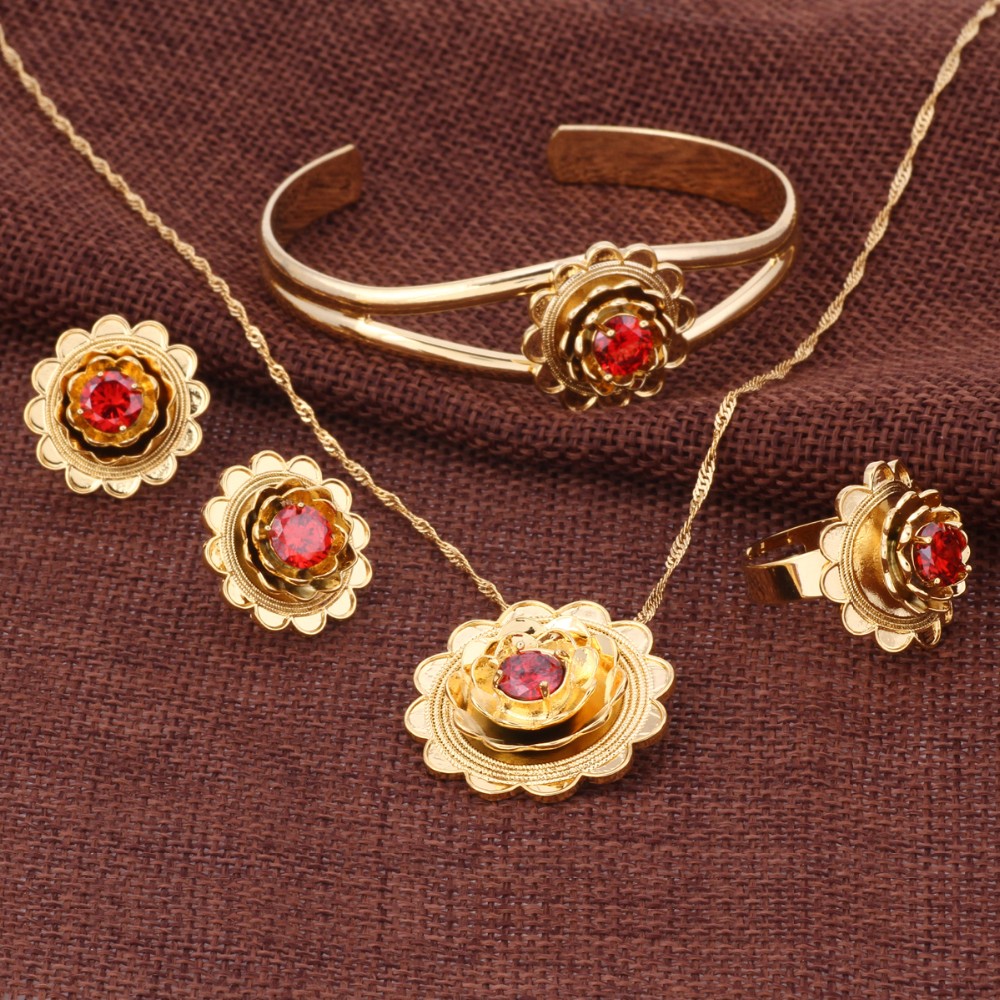 NEW Ethiopian Gold FlowerS et Jewelry Pendant Necklace Bangle Earrings Ring 24k Gold CZ Habesha African Wedding Bride Eritrea-image-398131068