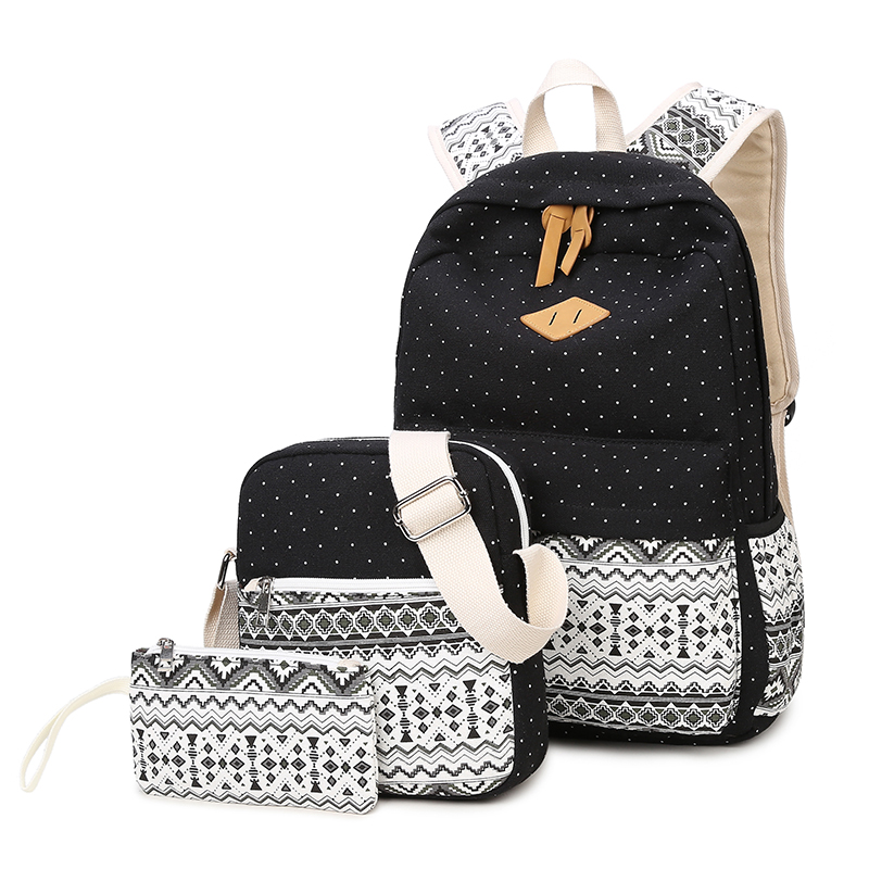 

3 pcs/set Polka Dot Printing Women Backpack Cute Lightweight Canvas Bookbags Middle High School Bags for Girls, Black