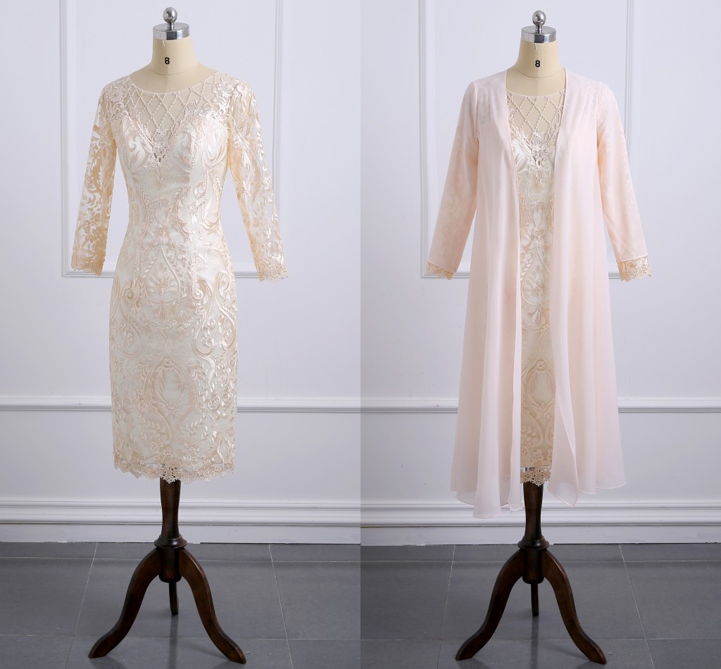 

Champagne Lace Knee-Length Mother Of The Bride Dresses With Jacket Appliques Plus Size Long Sleeve Wedding Guest Dress Formal Evening Gowns