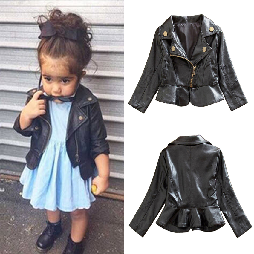 Zipper Black Leather Jacket Coat Standard Length PU Kids Girl Coats Long Sleeve Baby Outerwear 17021502-image-396184769