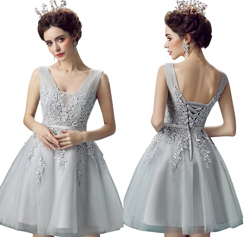 

2017 Cheap Short Silver Homecoming Dresses V Neck Lace Appliqued Lace-up Prom Gowns Cheap Bridesmaid Party Dress CPS341