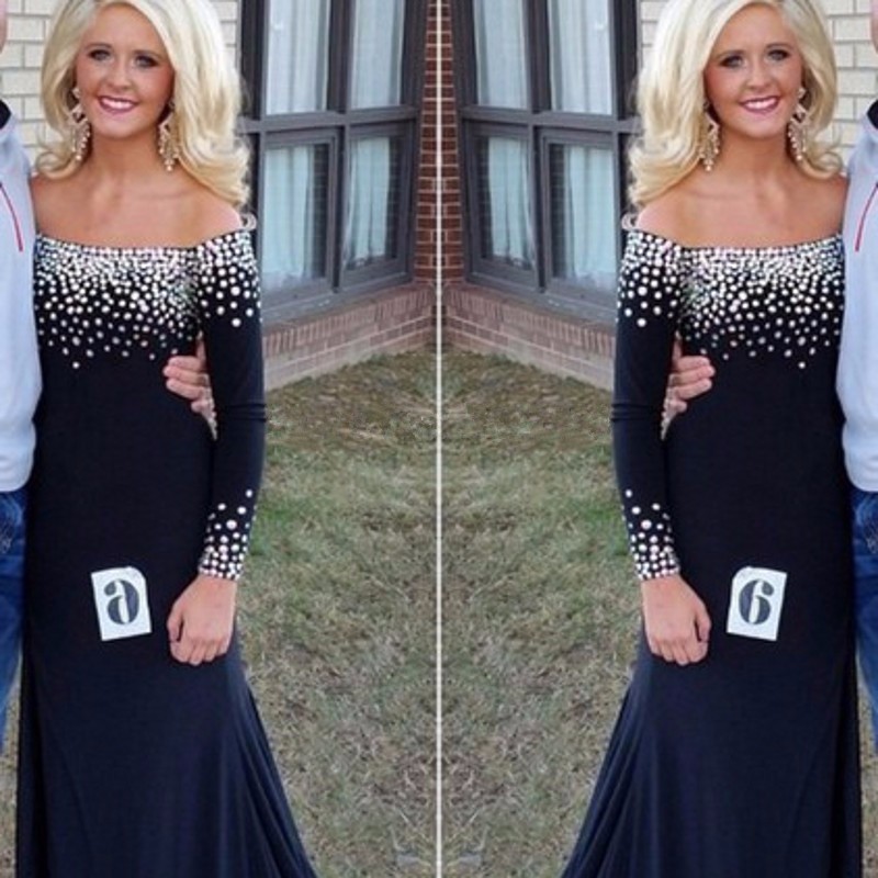 

Sexy Jersey Black Mermaid Evening Gowns Off The Shoulder Long Sleeves Beaded Mother of the Bride Dresses Plus Size Long Formal Prom Dress, Royal blue