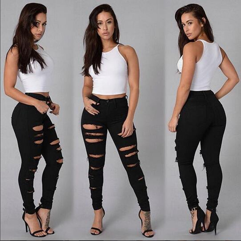 

Wholesale- 2020 hot sale Summer Ladies Stretch Pants Women' Slim Hole Jeans Women Pants, Black