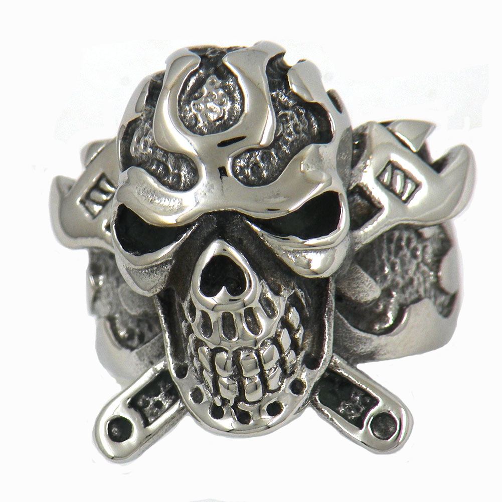 

FANSSTEEL Stainless steel punk vintage mens jewelry cross spanner wrench flame skull biker ring GIFT FOR BROTHERS SISTERS