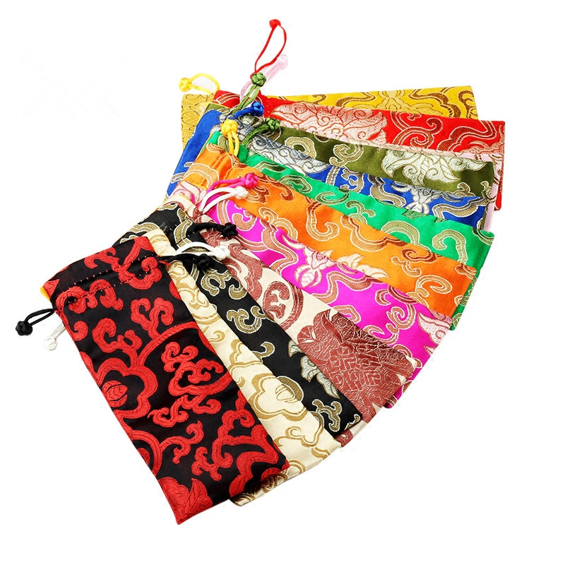 

Lengthen Rich Flower Cloth Drawstring Bag Chinese Silk Brocade Jewelry Necklace Gift Pouch Ox Horns Comb Trinket Storage Pocket 50pcs/lot