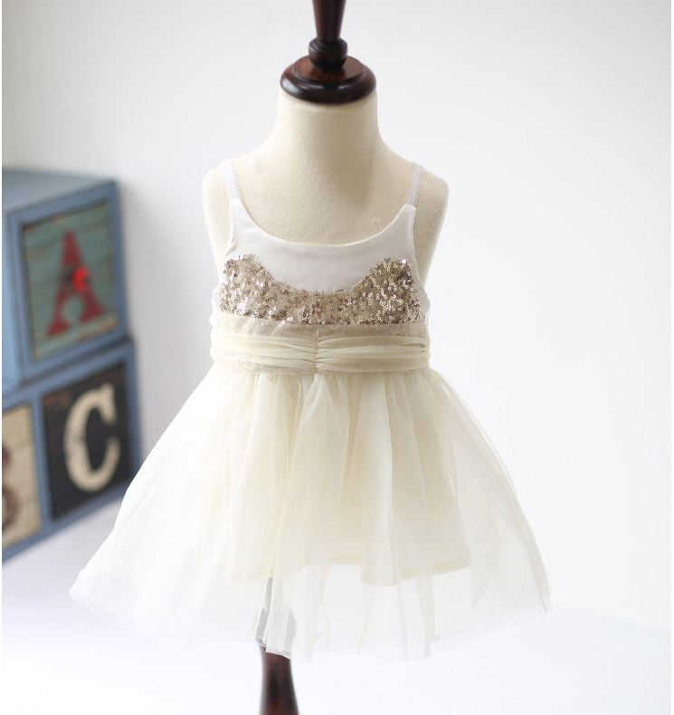

2 to 7 years Girls sequined suspender tulle dresses, princess sling wear kids wedding/dance/party clothing, boutique clothes, R1ES505DS-36, Beige