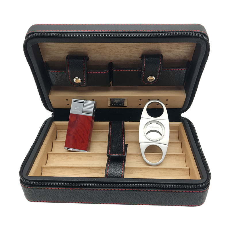 

COHIBA Black Leather Cedar Lined Cigar Case Cigarette Humidor with Cutter & Lighter with 1 Cutter 1 Lighter(Random color)