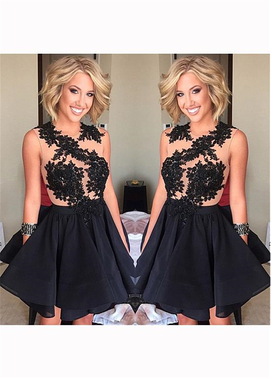 

Jewel Neckline A-line Homecoming Dresses With Lace Appliques See Through Cocktail Dresses Black Short Prom Dress, Same as picture