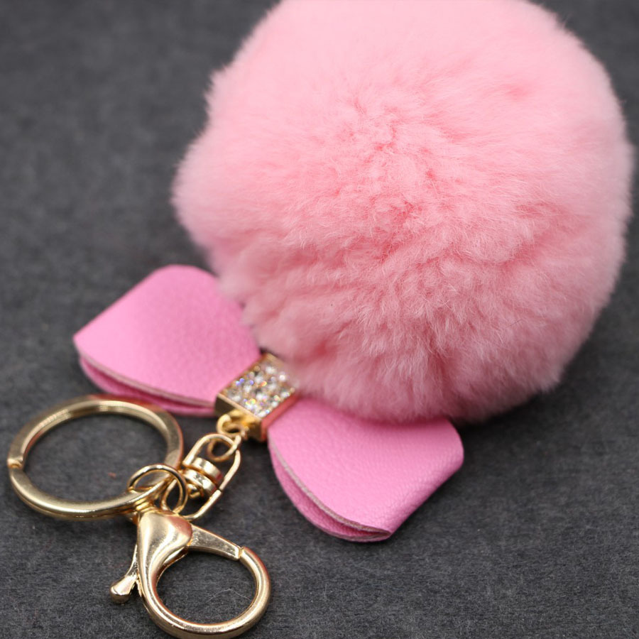 

Faux Rabbit Fur Pom Keychain with PU Bow - Cute Bag Charm and Bunny Keyring