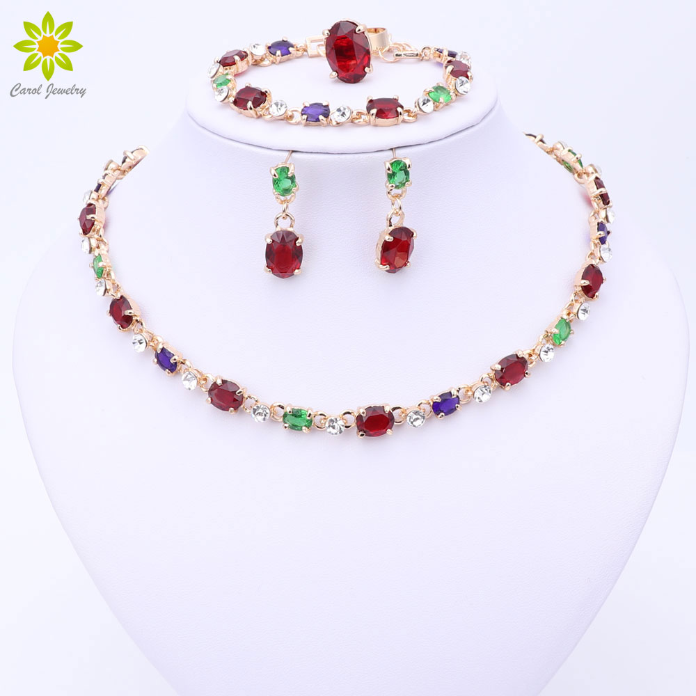 

Hot Selling Dubai Colorful Crystal Rhinestone Necklace Sets Fashion Gold Plated Women Bridal Costume Jewelry Sets