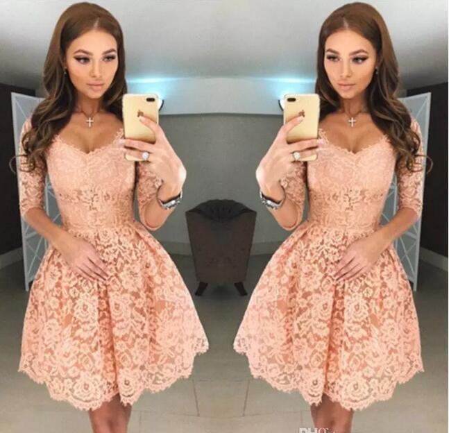 

2021 New Sweet V Neck Full Lace Short Homecoming Dresses Half Sleeves Zipper Back Mini Short Cocktail Party Dresses, Lilac