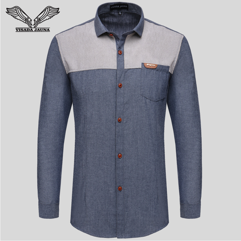 

Wholesale- VISADA JAUNA Patchwork Slim Men Shirt 2017 New Arrival Casual Brand Clothing Male Business Dress Long Sleeve Plus Size 5XL N1182, Grey