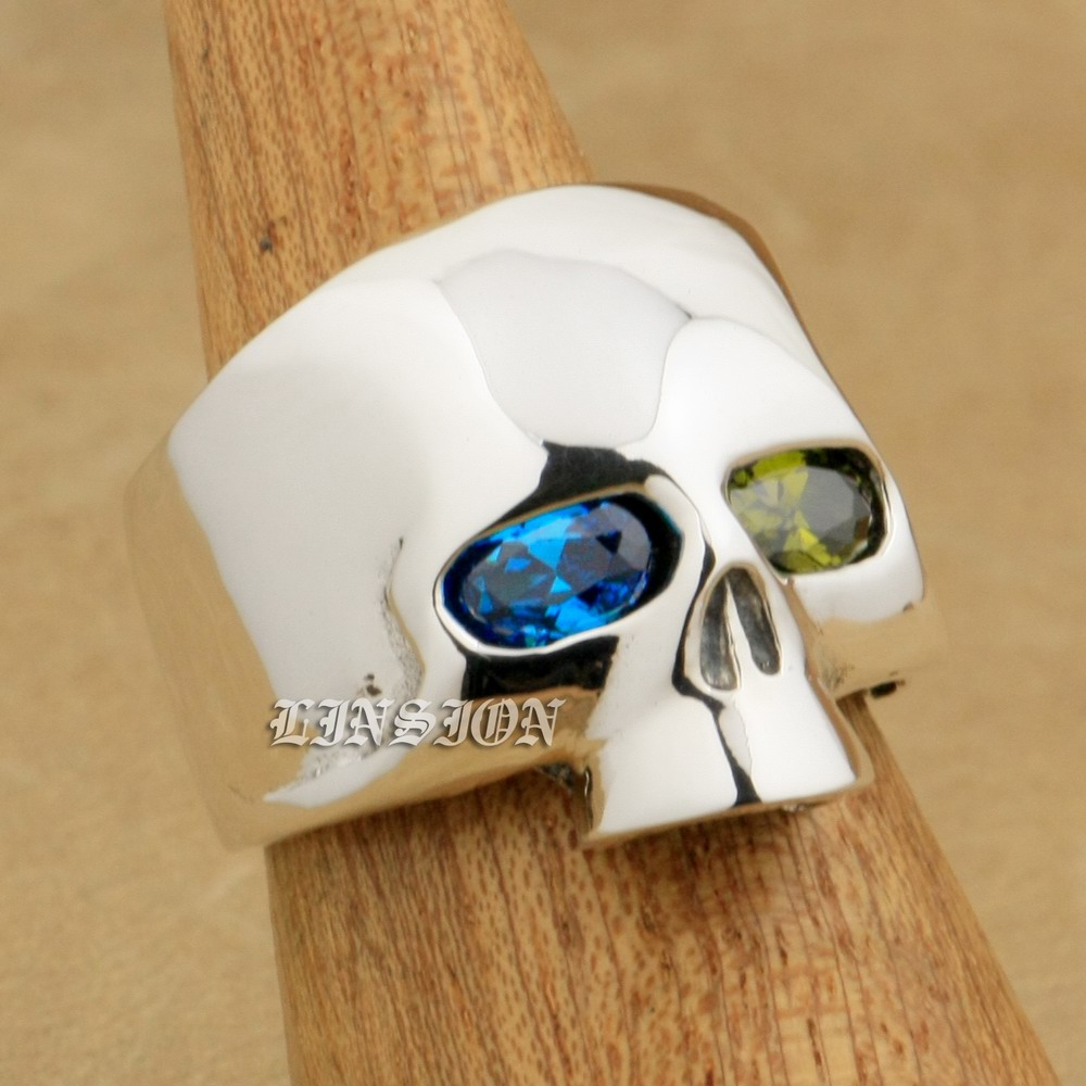

LINSION Blue + Green CZ Eyes 925 Sterling Silver Skull Mens Biker Ring 9G403 US Size 7 to 15