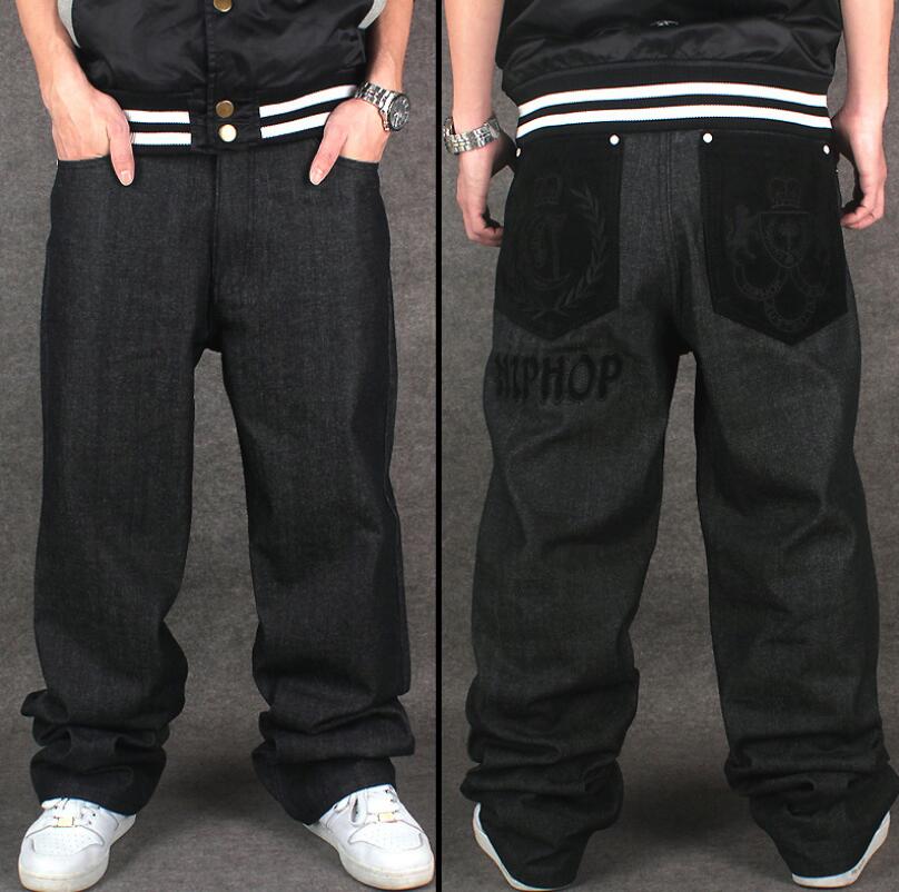 

Wholesale- Hip Hop Baggy Jeans Flocking Crown&Letter Pattern New Arrival Mens Wide Leg Loose Fit Skateboard Jeans Free Shipping, Black