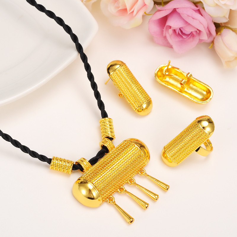

Latest Ethiopian Traditional Jewelry Set Necklace Earrings/Pendant/Ring 24k Yellow Gold Filled Eritrea Women's Fashion Habesha, Black