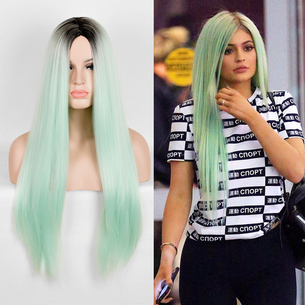 Kylie Jenner Styling Long Straight Wig Central Parting Light Blue Drag Queen Wig-image-392619000
