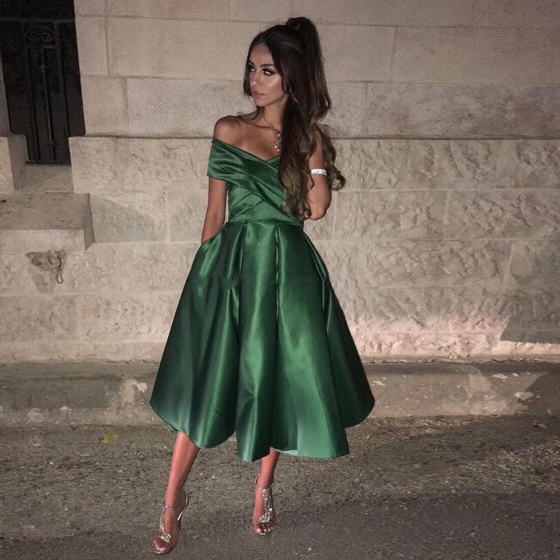

Dark Green Satin Prom Dresses Short Off Shoulder Ruched Elastic Satin Tea Length Puffy Short Homecoming Dresses Cocktail Party Dresses, Same as image
