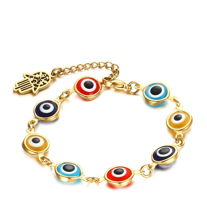 

Hamsa Bracelets&Bangles For Women Stainless Steel Evil Eyes Gold Plated Colorful Hand Chain Female's Jewelry, Black