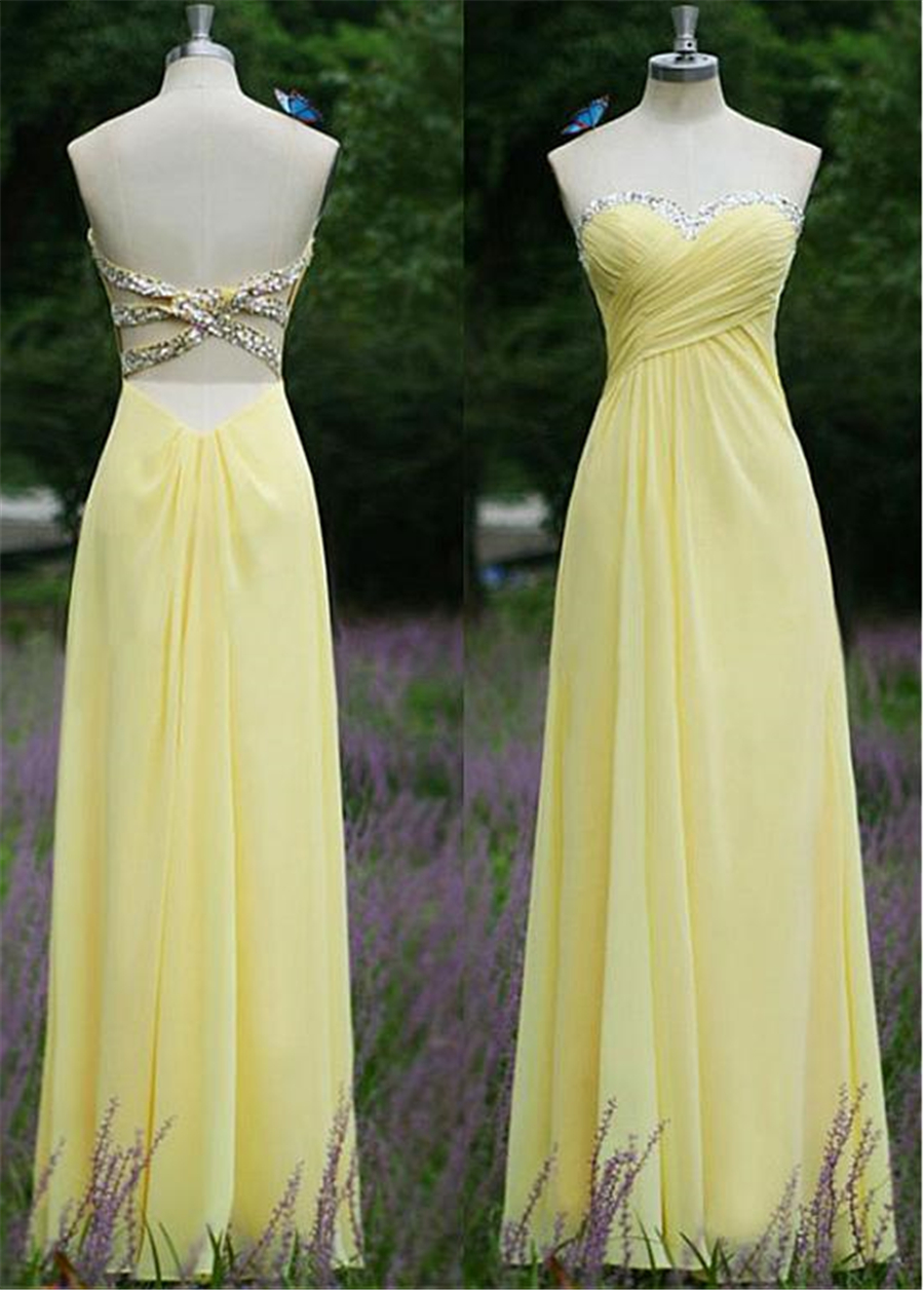 

Chic Chiffon Sweetheart Neckline A-Line Prom Dresses Crisscross Open Back with Crystals Yellow Chiffon Long Evening Dress Formal Dress, Silver