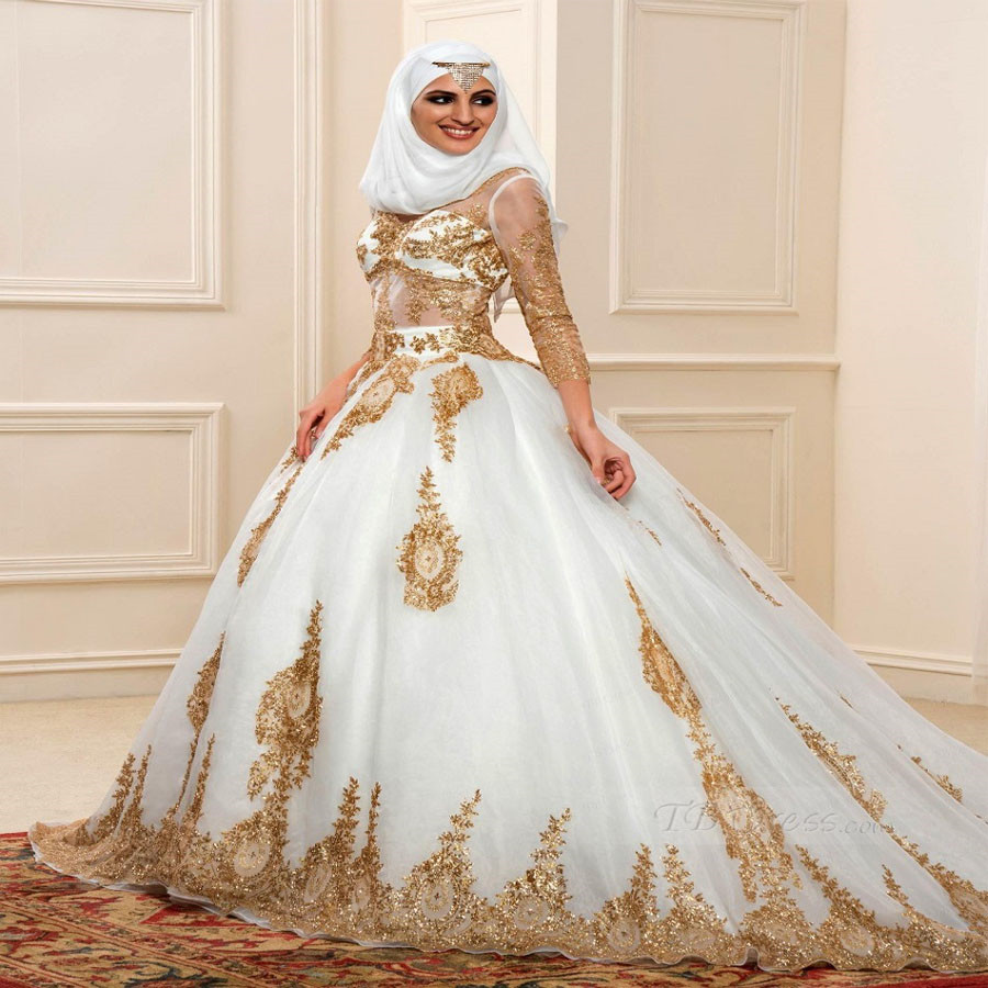 

Muslim Gold Wedding Dresses 2019 Ball Gown Appliques Long Sleeve Sheer Bodice Custom Made Vestido De Noiva Bridal Gowns, Custom made from color chart