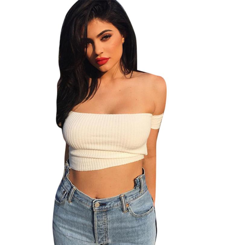 Wholesale- New European Style Sexy Slash Neck T-shirt Women Tops Design Short Sleeve Tshirt Top Girl T Shirt Femme 90's Crop Top Dec22