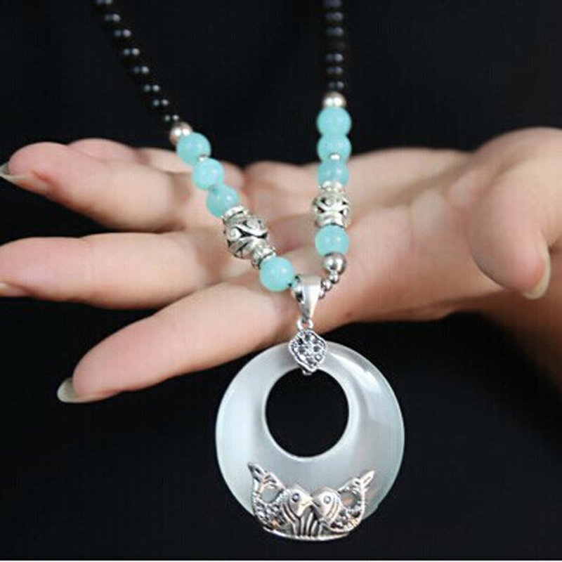 

New Vintage Style Opal Alloy Fish Drop Pendant Necklace Long Chain Charm Jewelry For Women Party Dress Strand Beaded Necklaces