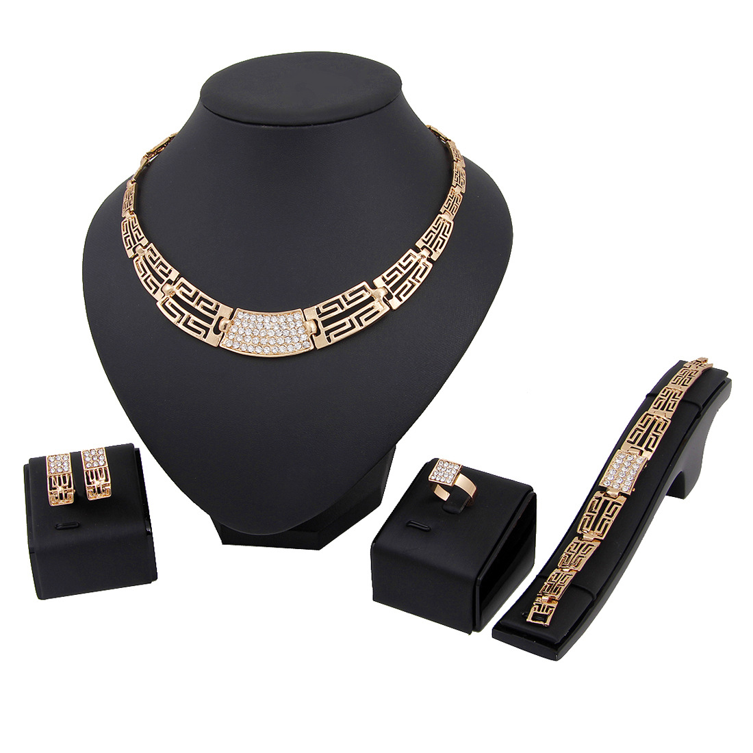 Bracelet, Earrings & Necklace High Quality 18K Gold Plated Silver Jewelry Set Rings Bracelet Bangle Sets Wedding Fashion Accessories-image-157450917