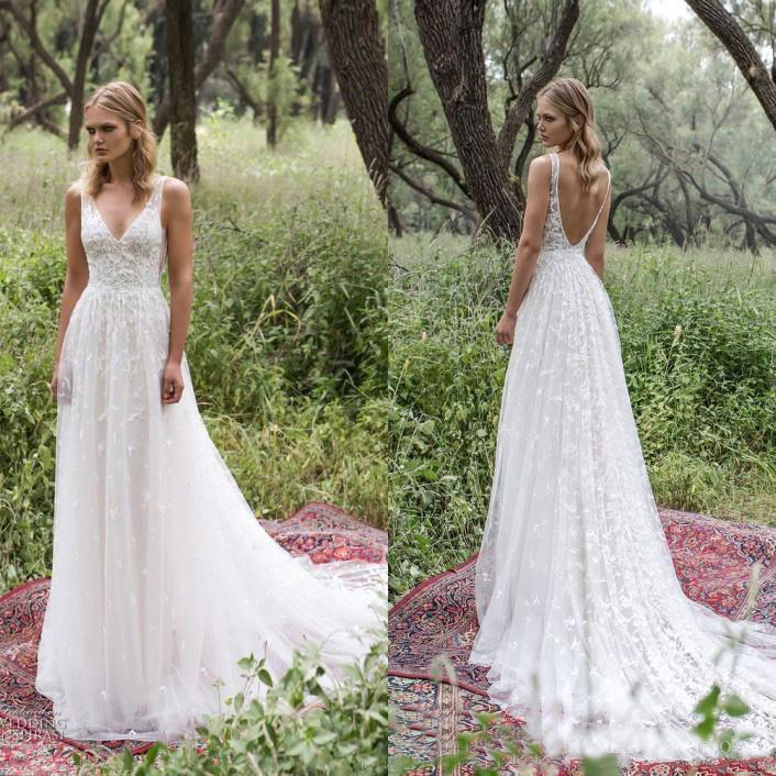 

Plus Size Wedding Dresses 2017 Lace Wedding Dresses A Line V Neck Open Back Garden Wedding Gowns Court Train, Ivory