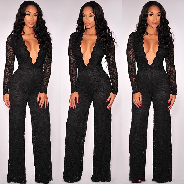 

Wholesale- 2016 Fashion Sexy Deep V-neck Black Clairvoyant Bodycon Jumpsuit Long Sleeve Full-Length Lace Rompers Womens Jumpsuit Clubwear, As pic