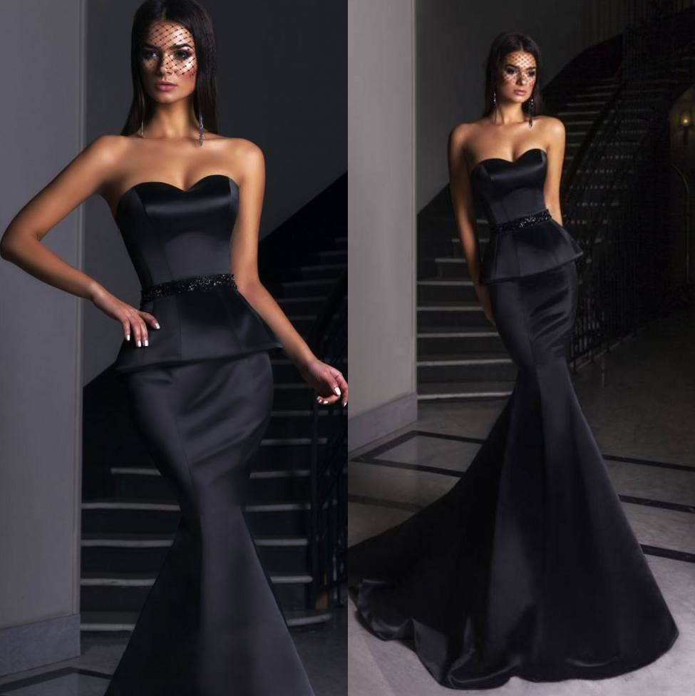 

Stunning Mermaid Black Peplum Prom Dresses Sweetheart Neck Beaded Evening Gowns Satin Sweep Train Cheap Party Dress, Blue