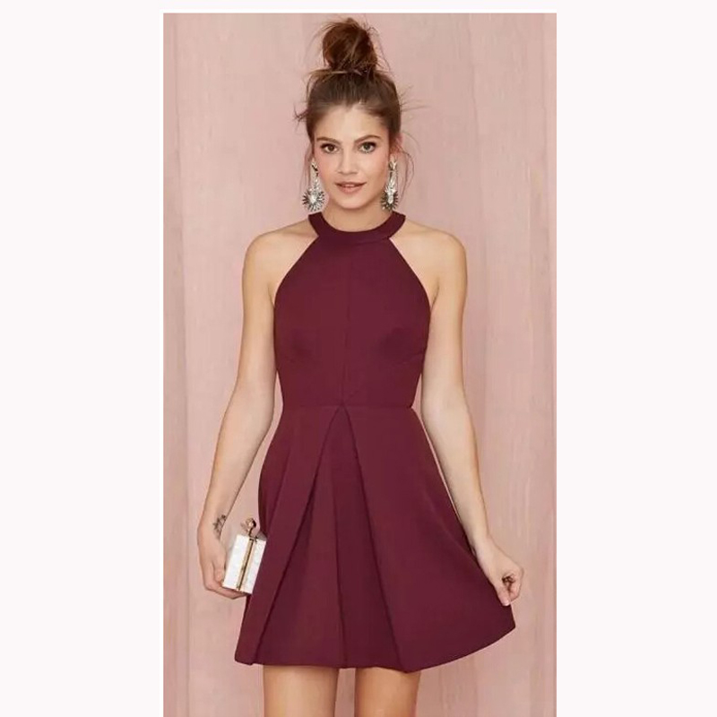 

Cheap Short Cocktail Party Dresses 2019 Halter Backless Burgundy Satin A Line Prom Homecoming Gowns Girls Formal Wear, Orange