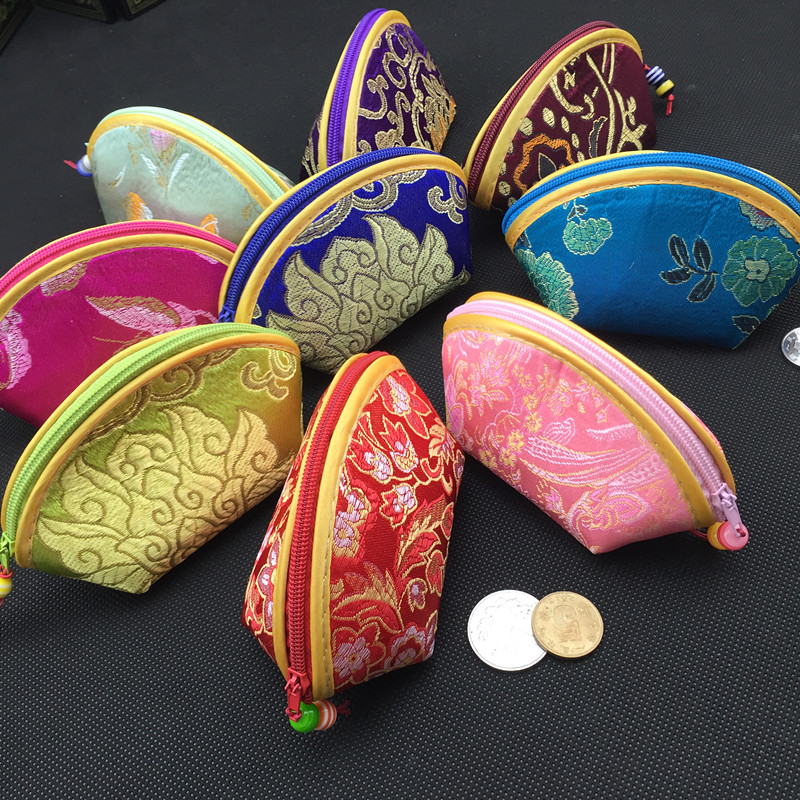 

Cute Small Seashell Silk Brocade Coin Purse Zipper Jewelry Packaging Bags Storage Pouch Candy Gift Bag Wedding Party Favor 100pcs/lot