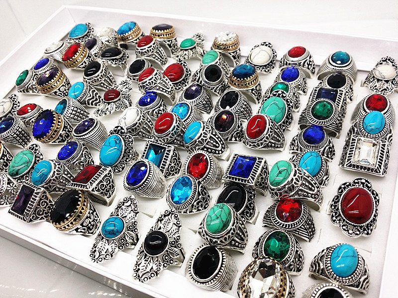 

Wholesale Mixed Styles 100pcs Retro Silver Women Stone Rings Jewelry Party Gifts Brand New Ethnic Tribal