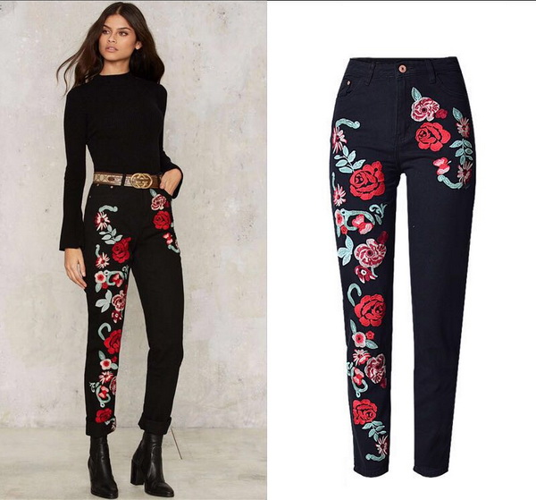 

Big Size 44 Black Jeans Women High Waist 3D Embroidery Colorful Rose Floral Straight Fit Style 2017 Hot Sale, Black 236