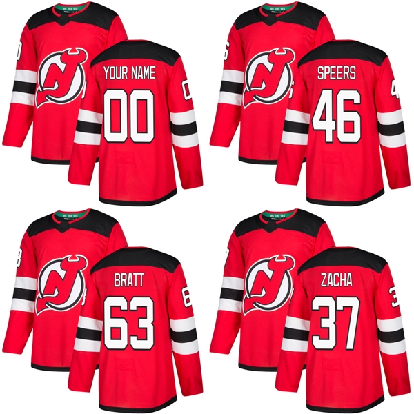 2017 Nouvelle Marque Hommes New Jersey Devils 37 Pavel Zacha 46 Blake Speers 63 Jesper Bratt Logos De Broderie Rouge Chandails De Hockey Sur Glac