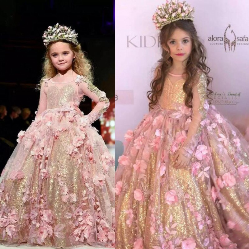

Pink Princess Girls Pageant Gowns Handmade Flower Illusion Long Sleeves Ball Gown Flower Girl Dresses For Wedding Gold Sequined Dresses, Orange