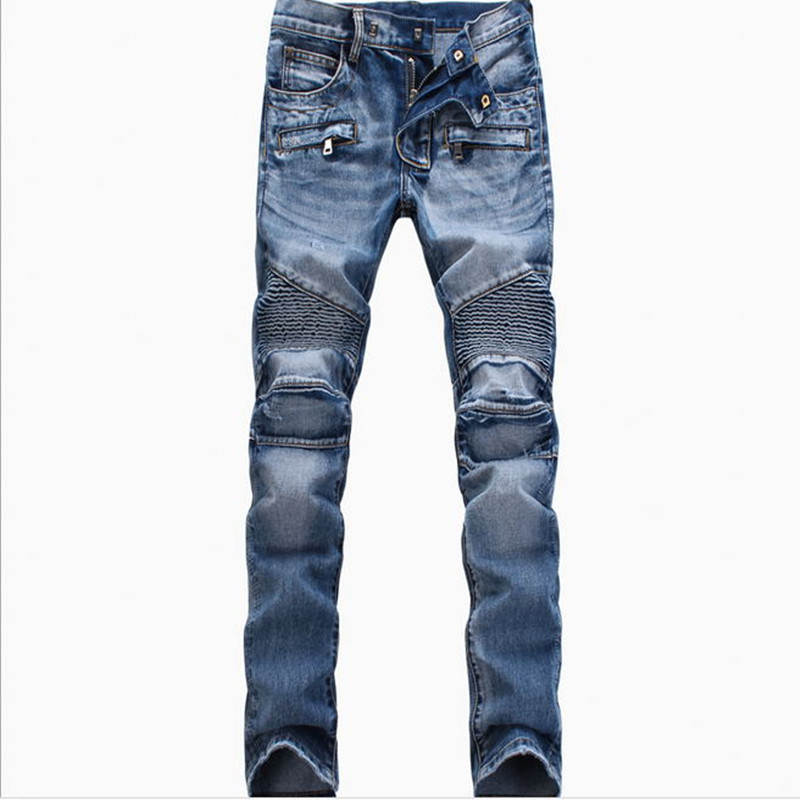 

Wholesale-Men Fashion Ripped Biker Jeans man Distressed Moto Denim Joggers Washed Pleated motorcycle Jeans Pants Black Blue, 1808 blue