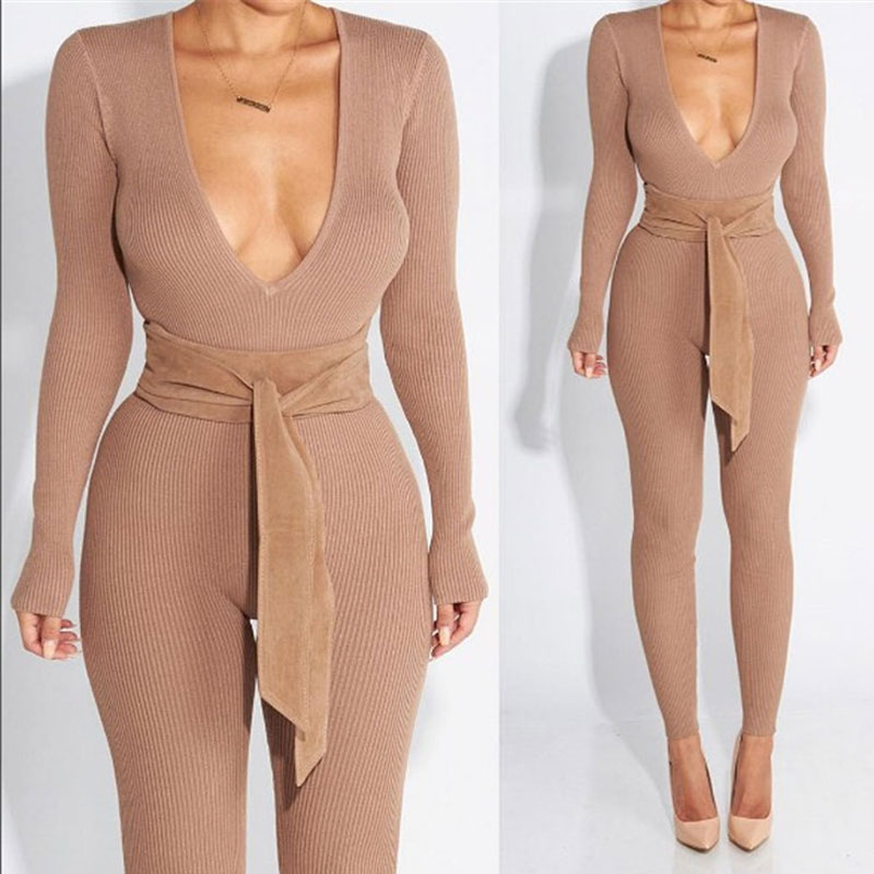 

Wholesale- Rompers Women Jumpsuit 2017 Long Sleeve V-neck Playsuit Slim Knitted Bodycon Bandage Jumpsuit Khaki Full Coveralls FallBodysuit, Gray jumpsuit