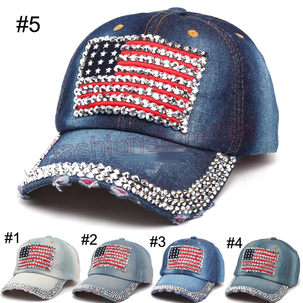 

Women baseball caps Summer 4th of July American Flag Hat Cowboy Fashion Rhinestone denim Cap 6 Panels Snapback Leisure Sun Hat
