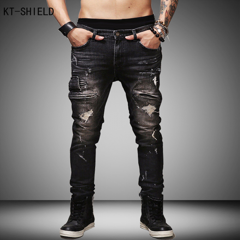 

Wholesale- Mens Ripped Biker Jeans Homme Cotton Black Slim Fit Motorcycle Jeans Men Vintage Distressed Denim Jeans Pants, 620