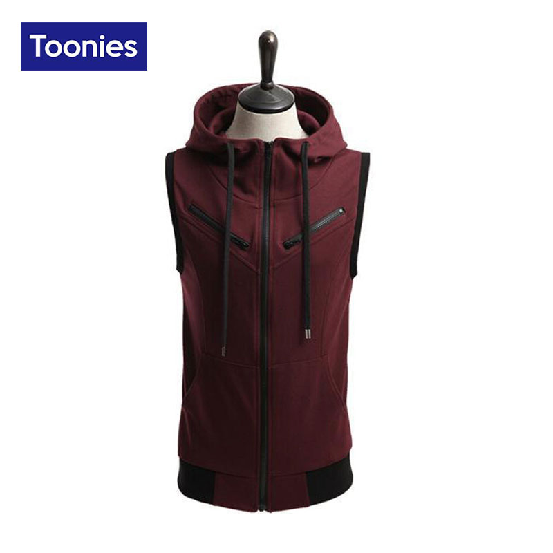 Wholesale- Korean Fashion Men's Sleeveless Sweater Coat Zipper Male Spring And Autumn Casual Fashion Slim Vest Coat Men Hooded Zipper Coat