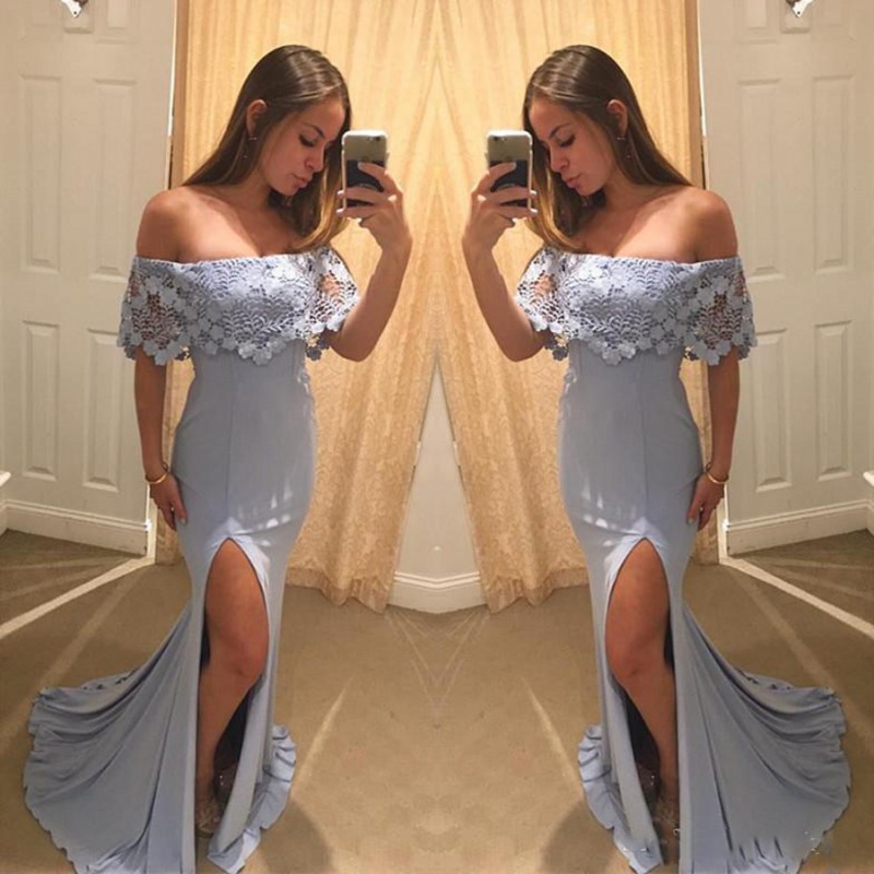 

Dusty Blue Prom Dresses Sexy Lace Off The Shoulder Side Split Evening Gowns Cheap Meramaid Formal Party Dress Custom Made, Silver
