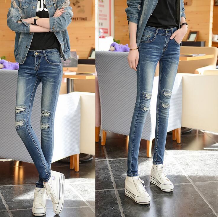 

High quality Autumn and winter Women's Jeans trend hole cowboy pencils women Slim pants JW062 Womens Jean, Color 1