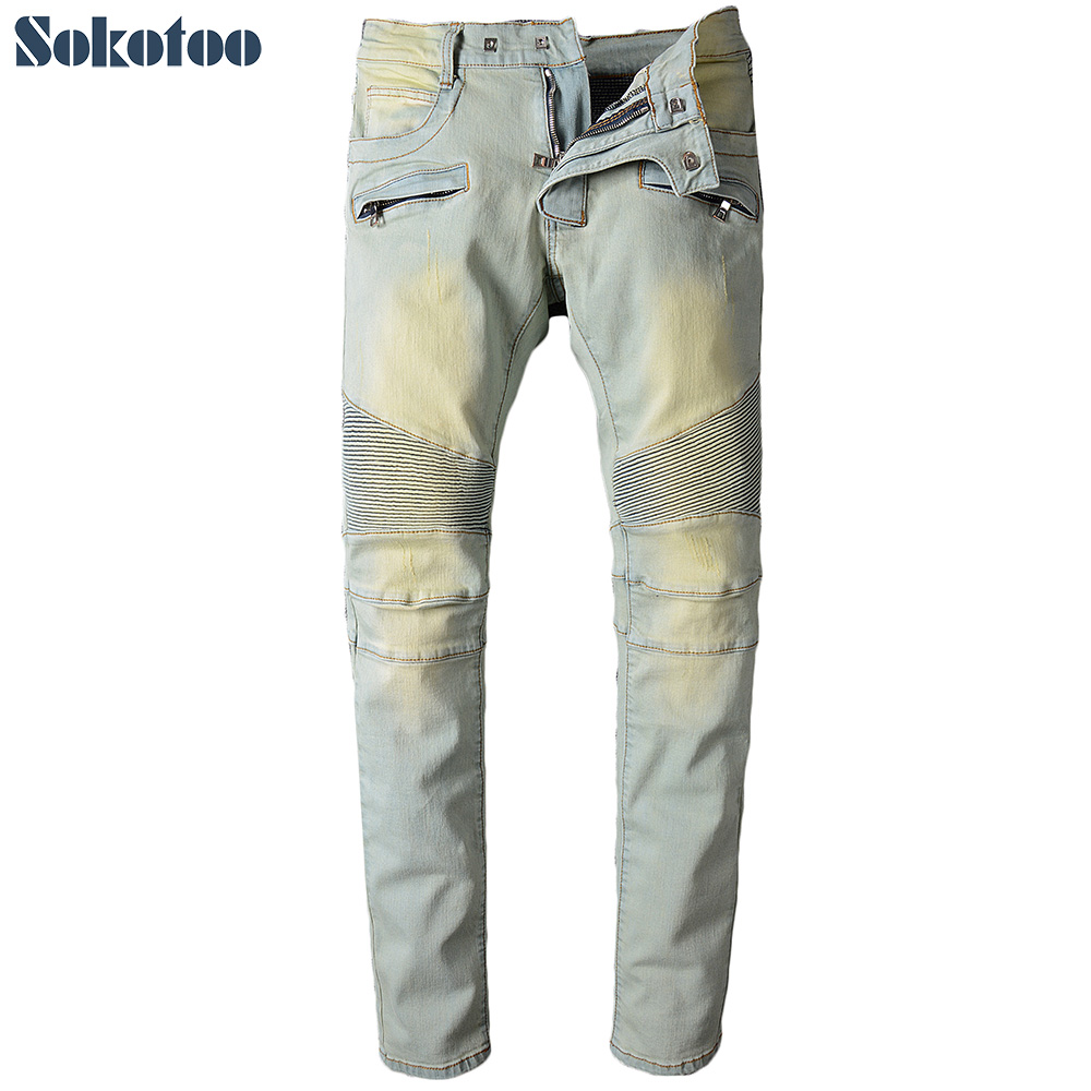 

Wholesale- Sokotoo Men's light color pleated biker jeans for moto Casual slim straight stretch denim pants Long trousers, Blue