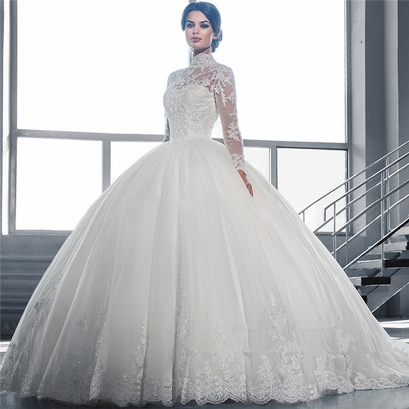 Long Sleeve Muslim Wedding Dress Princess High Neck Luxury Ball Gown Wedding Dresses Lace Appliques Winter Vestido de noiva Custom Made