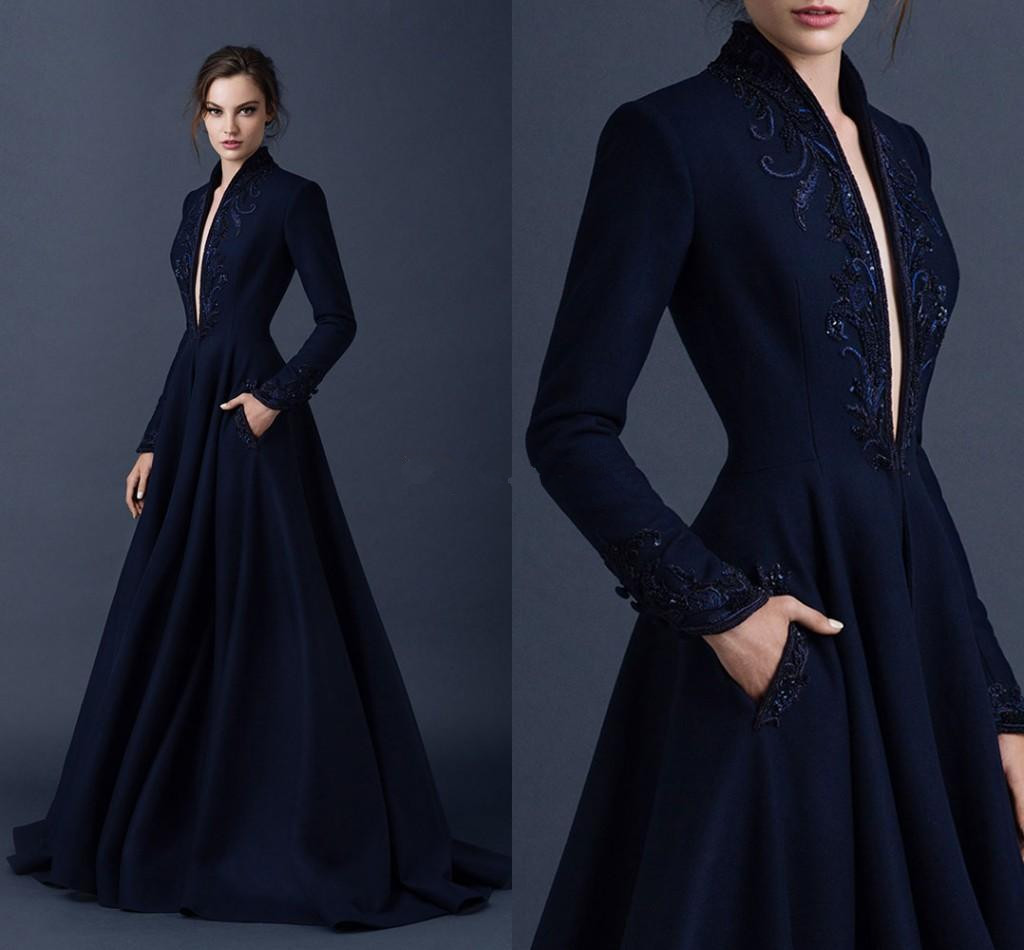Musilm Navy Blue Satin Evening Dresses 2019 Sweep Train Embroidery High Neck Beaded A-Line Long Sleeve Formal Prom Party Gowns Winter E155