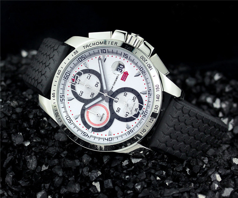 

New style luxury mens sports watches chronograph wrist watch quartz stopwatch Rubber band watches 520, White face